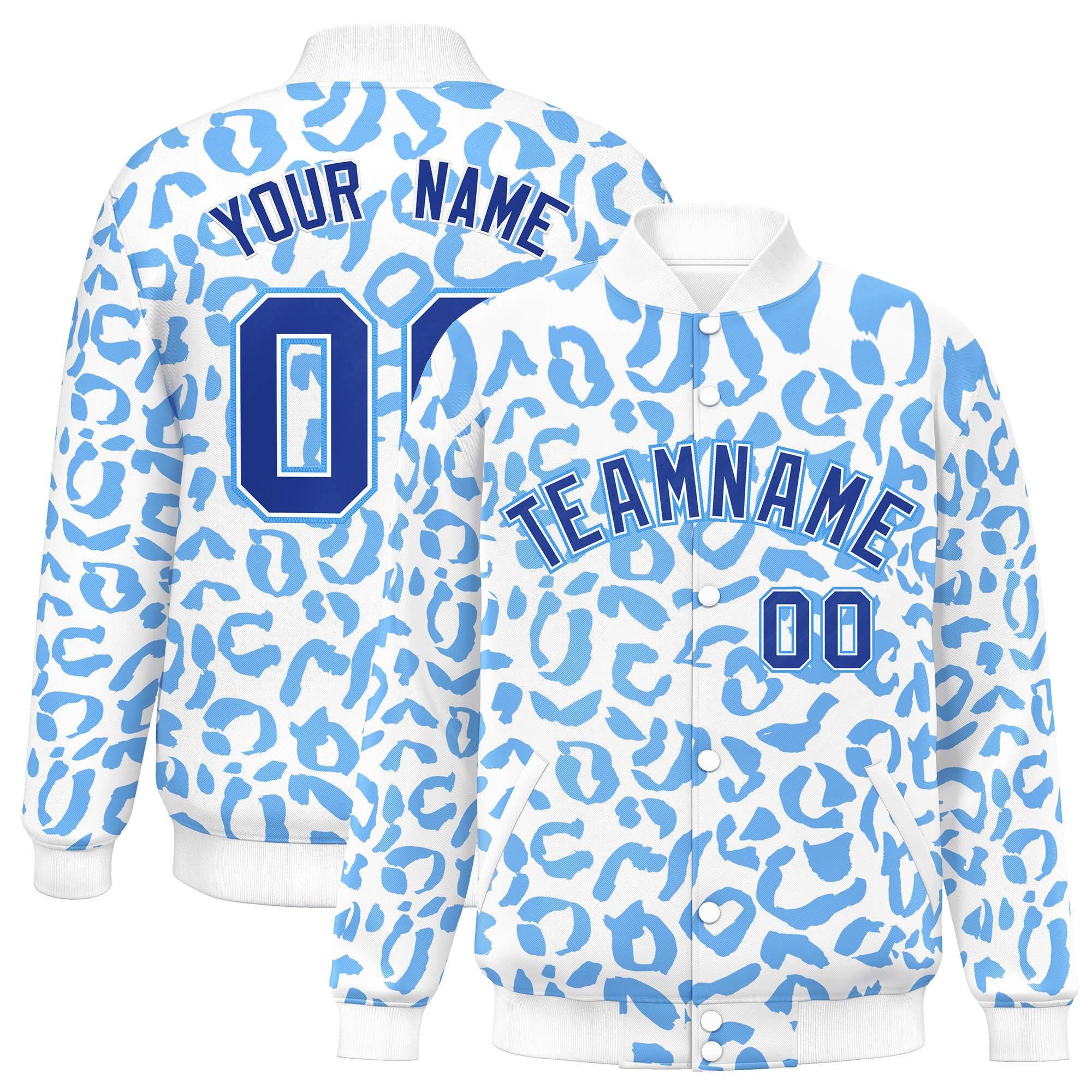 Custom White Powder Blue Varsity Full-Snap Leopard Print Graffiti Pattern Letterman Baseball Jacket