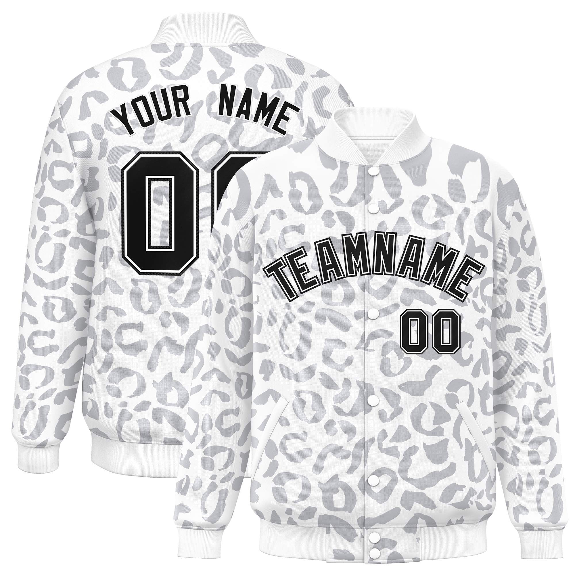 Custom White Gray Varsity Full-Snap Leopard Print Graffiti Pattern Letterman Baseball Jacket