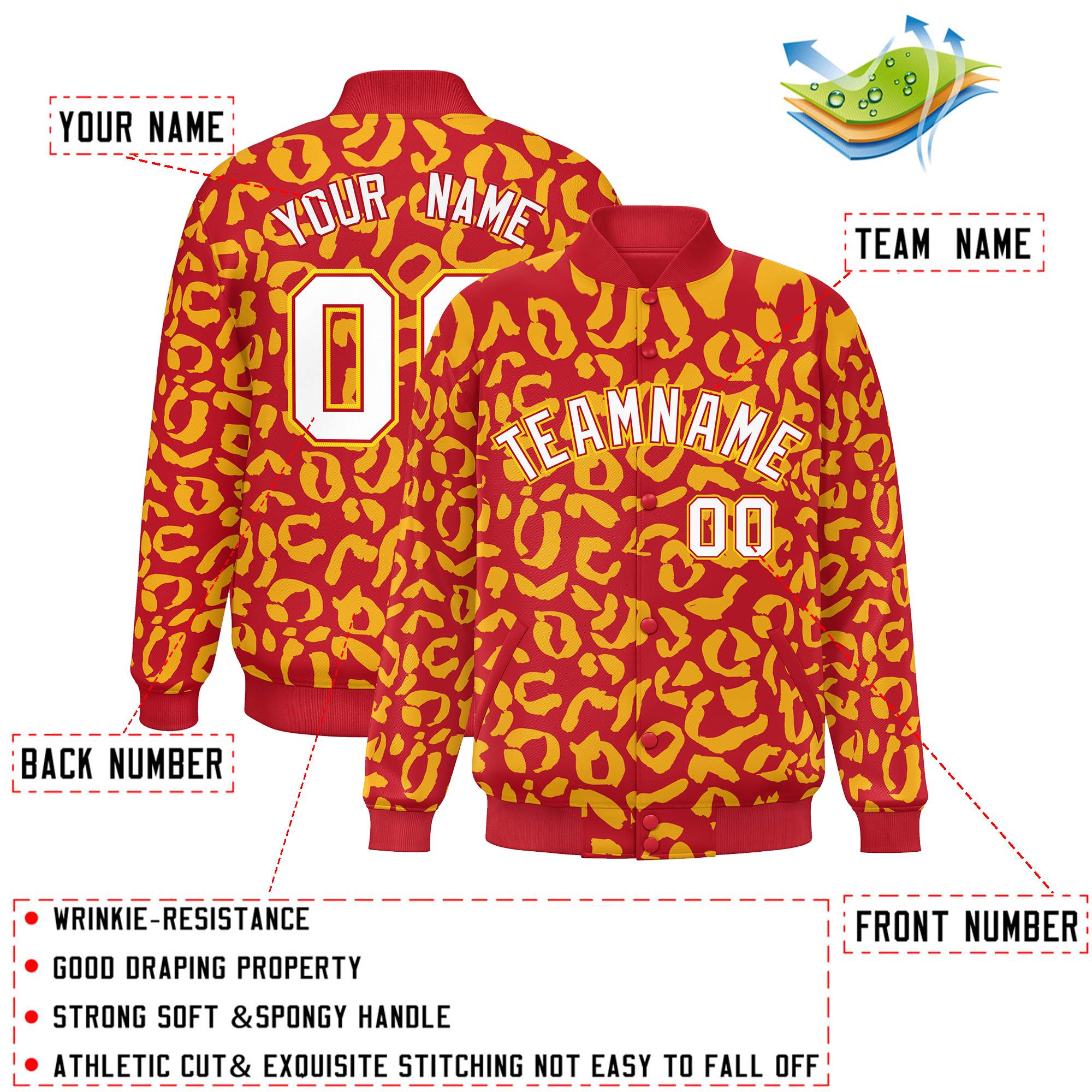 Custom Red Gold Varsity Full-Snap Leopard Print Graffiti Pattern Letterman Baseball Jacket