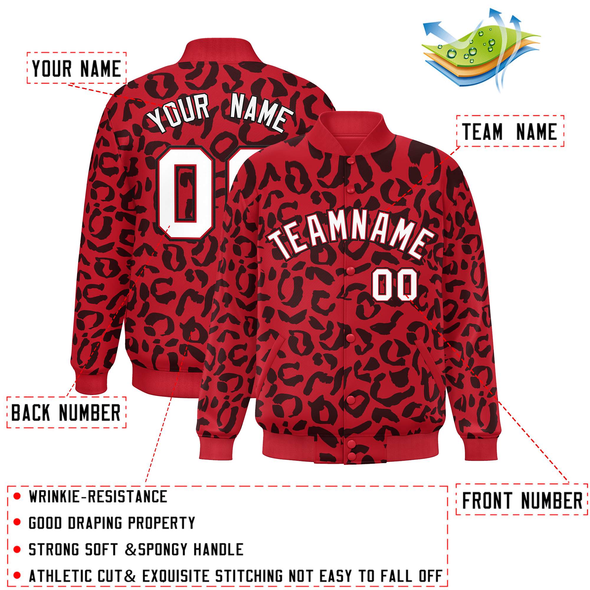 Custom Red Black Varsity Full-Snap Leopard Print Graffiti Pattern Letterman Baseball Jacket