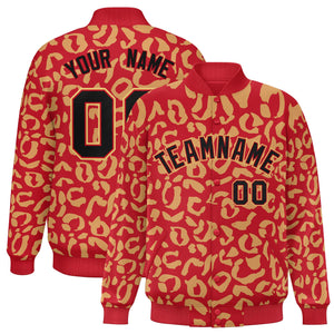 Custom Red Old Gold Varsity Full-Snap Leopard Print Graffiti Pattern Letterman Baseball Jacket