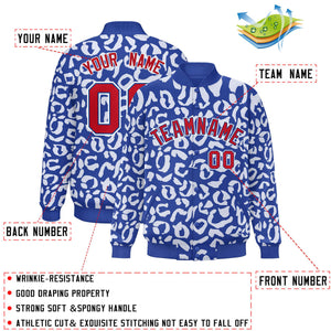 Custom Royal White Varsity Full-Snap Leopard Print Graffiti Pattern Letterman Baseball Jacket