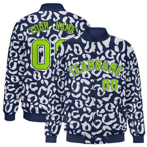 Custom Navy White Varsity Full-Snap Leopard Print Graffiti Pattern Letterman Baseball Jacket