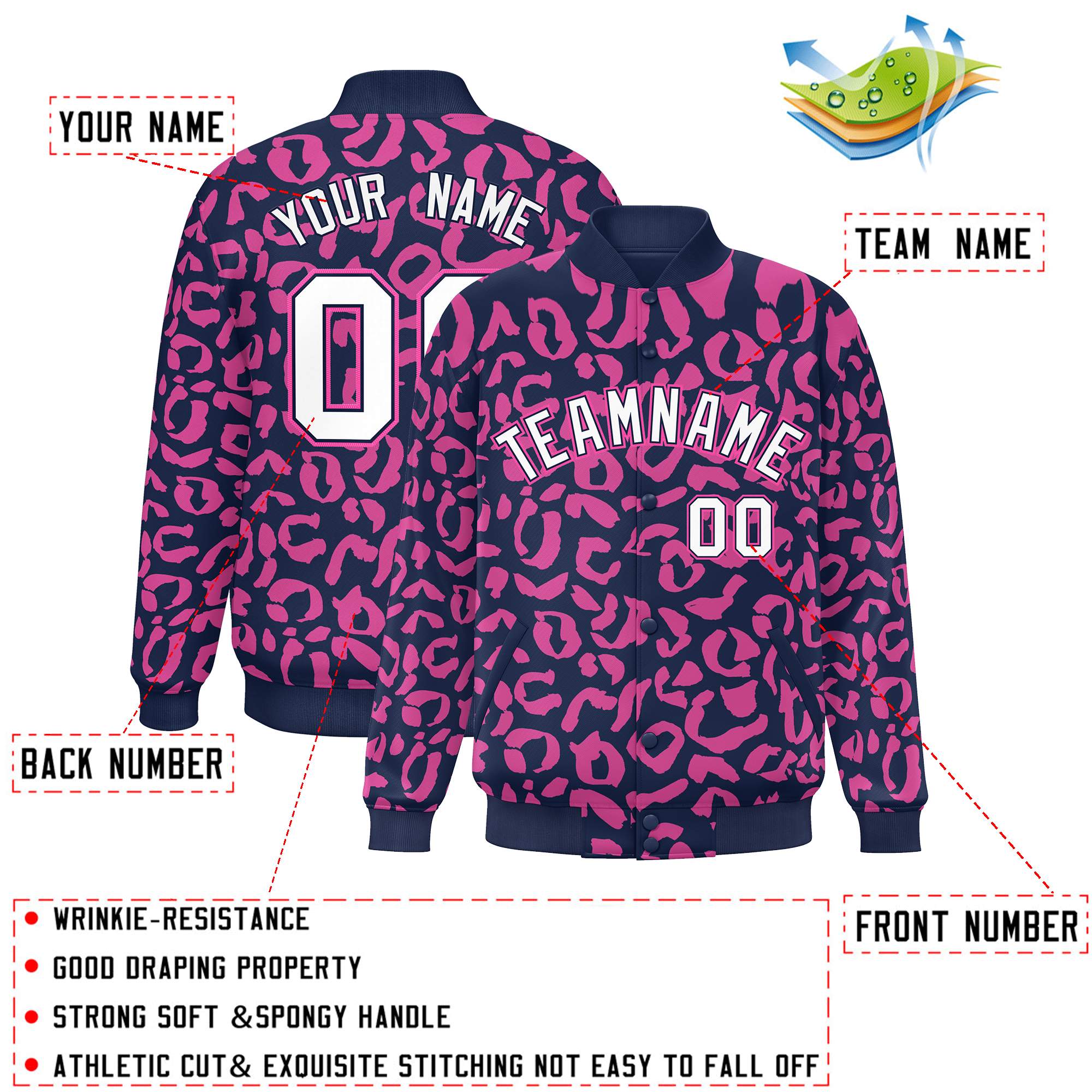 Custom Navy Pink Varsity Full-Snap Leopard Print Graffiti Pattern Letterman Baseball Jacket