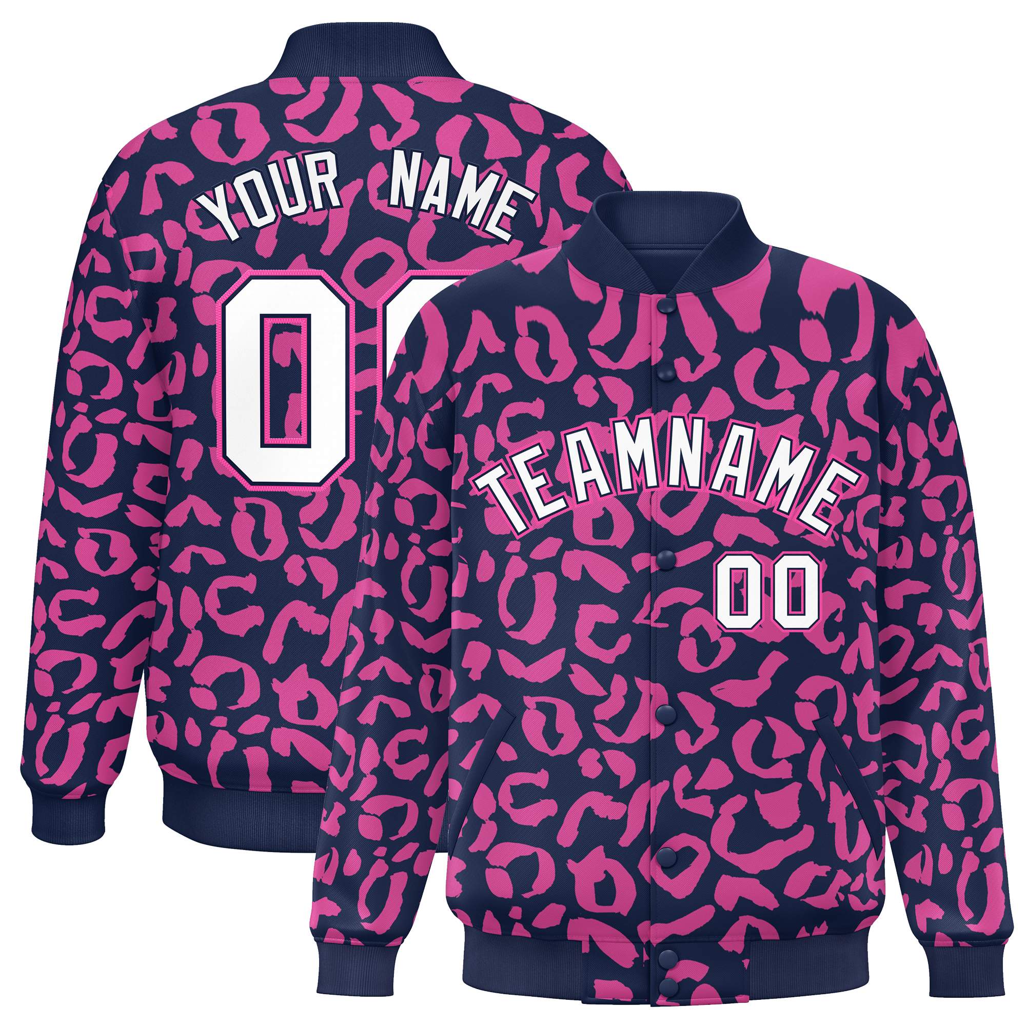 Custom Navy Pink Varsity Full-Snap Leopard Print Graffiti Pattern Letterman Baseball Jacket