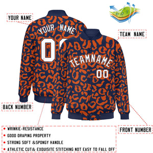 Custom Navy Orange Varsity Full-Snap Leopard Print Graffiti Pattern Letterman Baseball Jacket