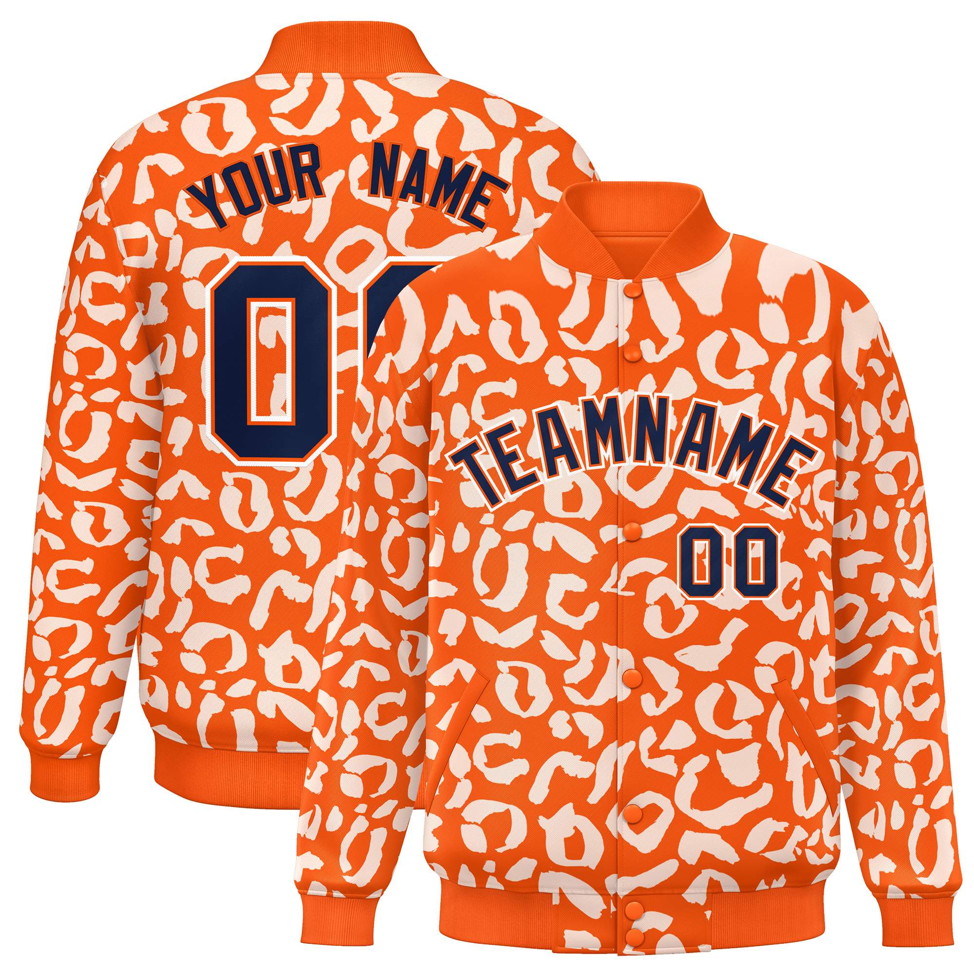 Custom Orange White Varsity Full-Snap Leopard Print Graffiti Pattern Letterman Baseball Jacket