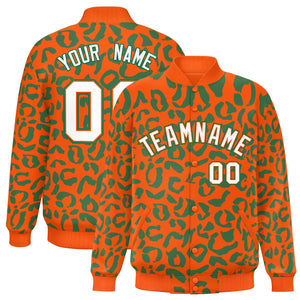 Custom Orange Kelly Green Varsity Full-Snap Leopard Print Graffiti Pattern Letterman Baseball Jacket