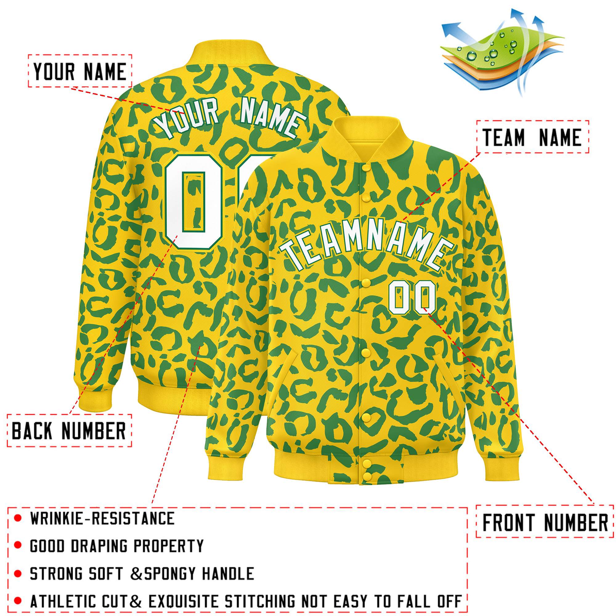 Custom Gold Kelly Green Varsity Full-Snap Leopard Print Graffiti Pattern Letterman Baseball Jacket