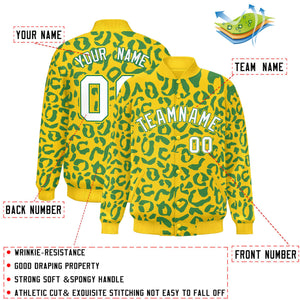 Custom Gold Kelly Green Varsity Full-Snap Leopard Print Graffiti Pattern Letterman Baseball Jacket