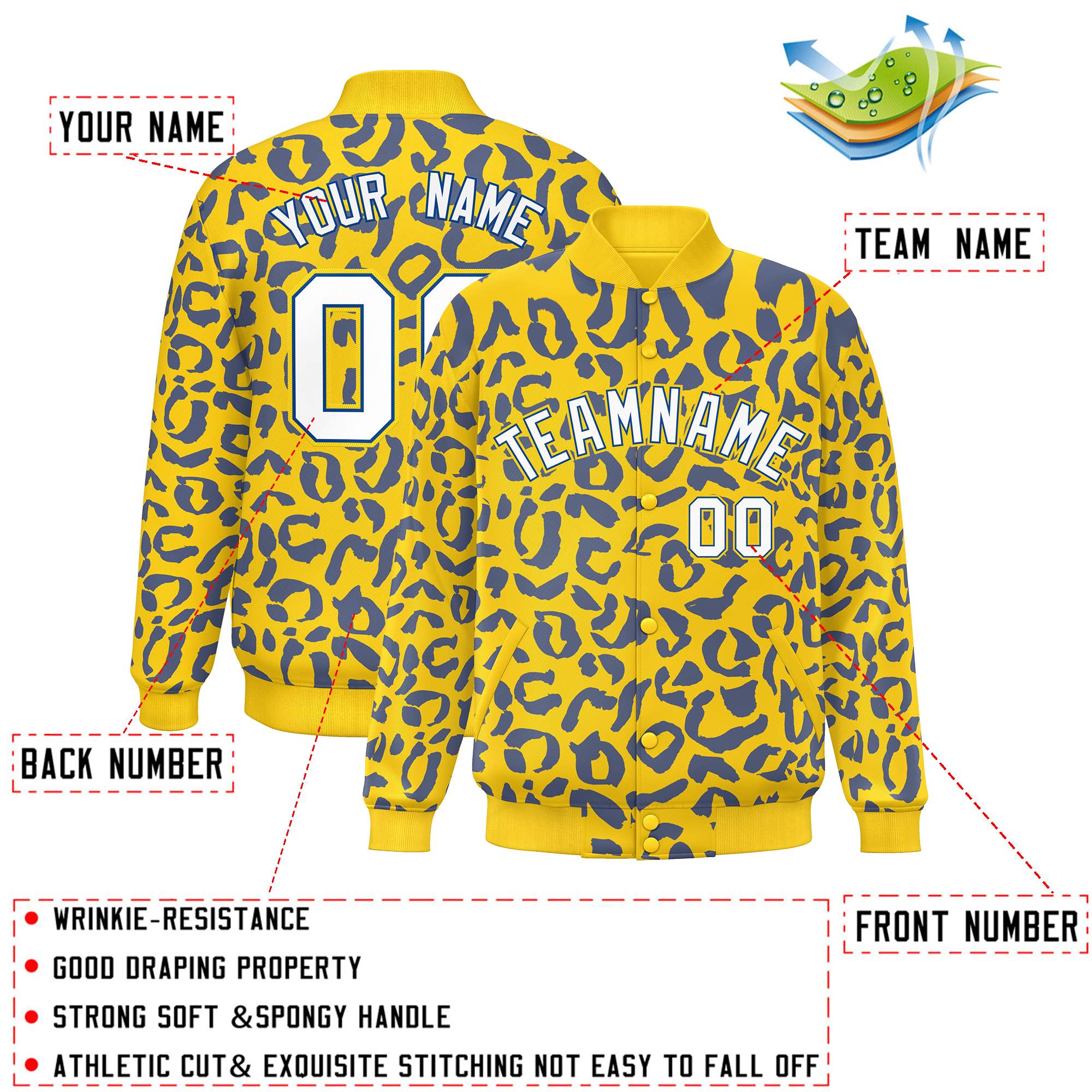 Custom Gold Royal Varsity Full-Snap Leopard Print Graffiti Pattern Letterman Baseball Jacket