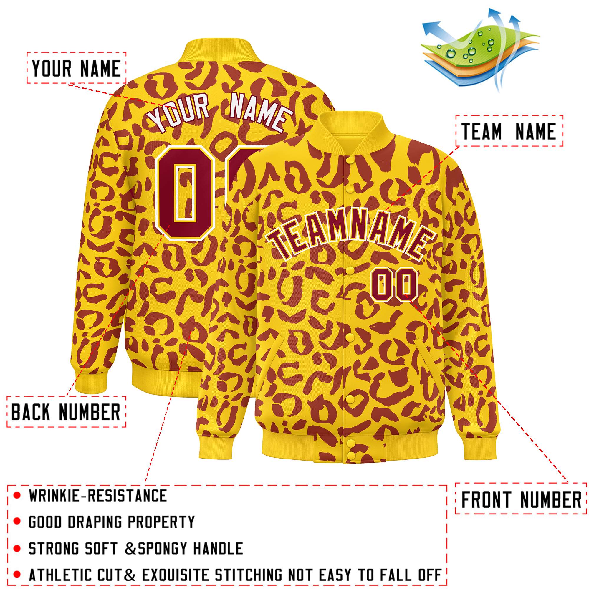 Custom Gold Crimson Varsity Full-Snap Leopard Print Graffiti Pattern Letterman Baseball Jacket