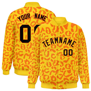 Custom Gold Orange Varsity Full-Snap Leopard Print Graffiti Pattern Letterman Baseball Jacket