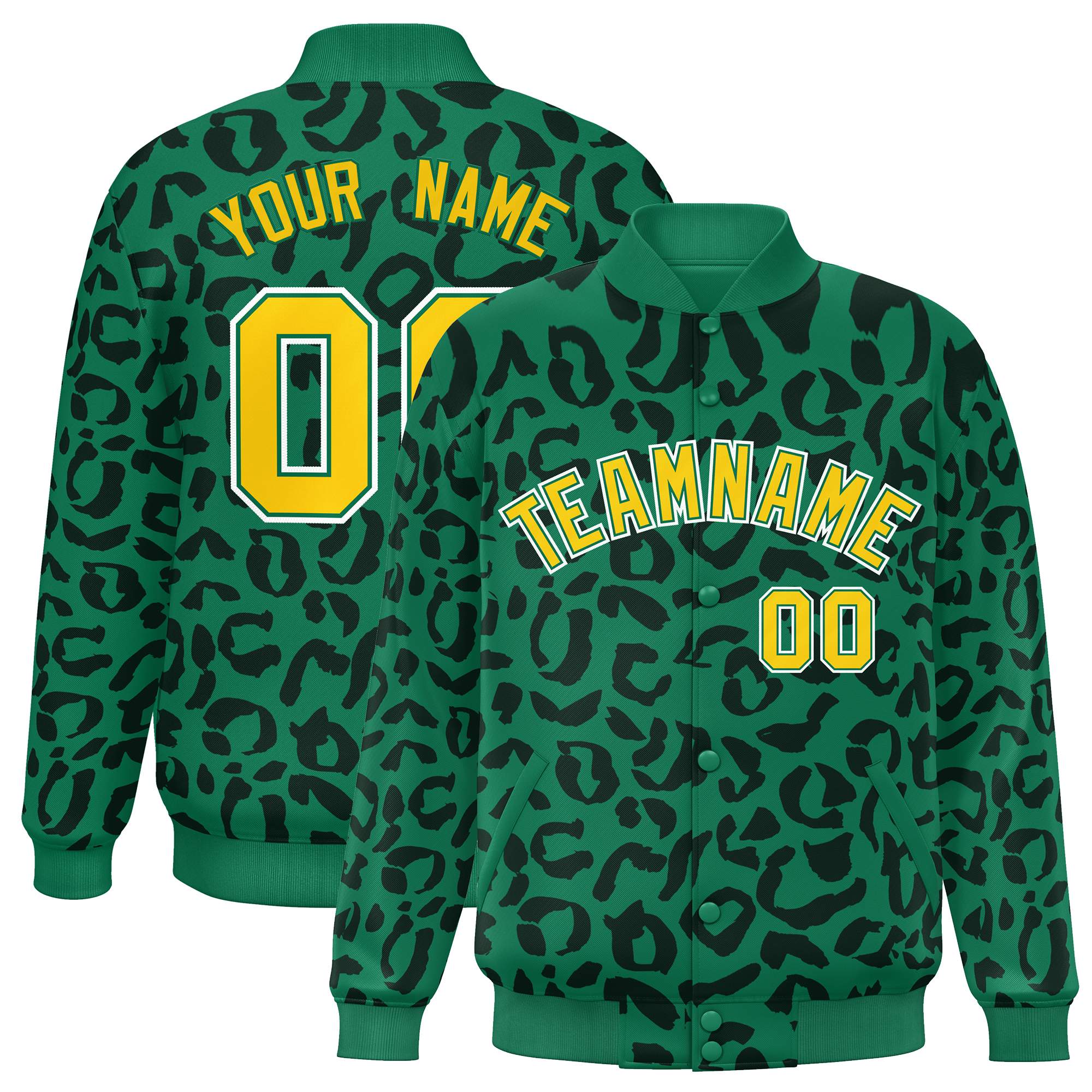 Custom Kelly Green Black Varsity Full-Snap Leopard Print Graffiti Pattern Letterman Baseball Jacket