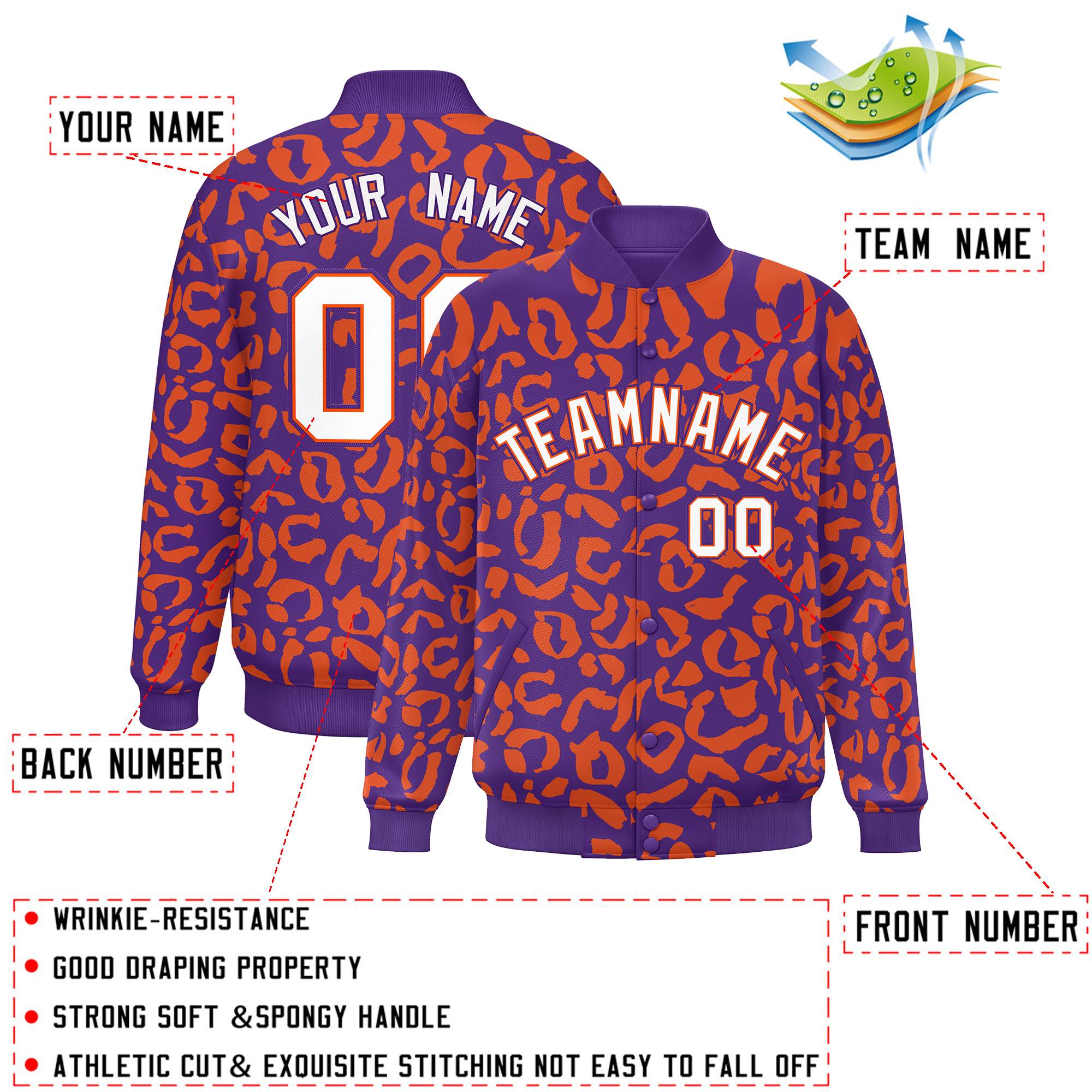 Custom Purple Orange Varsity Full-Snap Leopard Print Graffiti Pattern Letterman Baseball Jacket