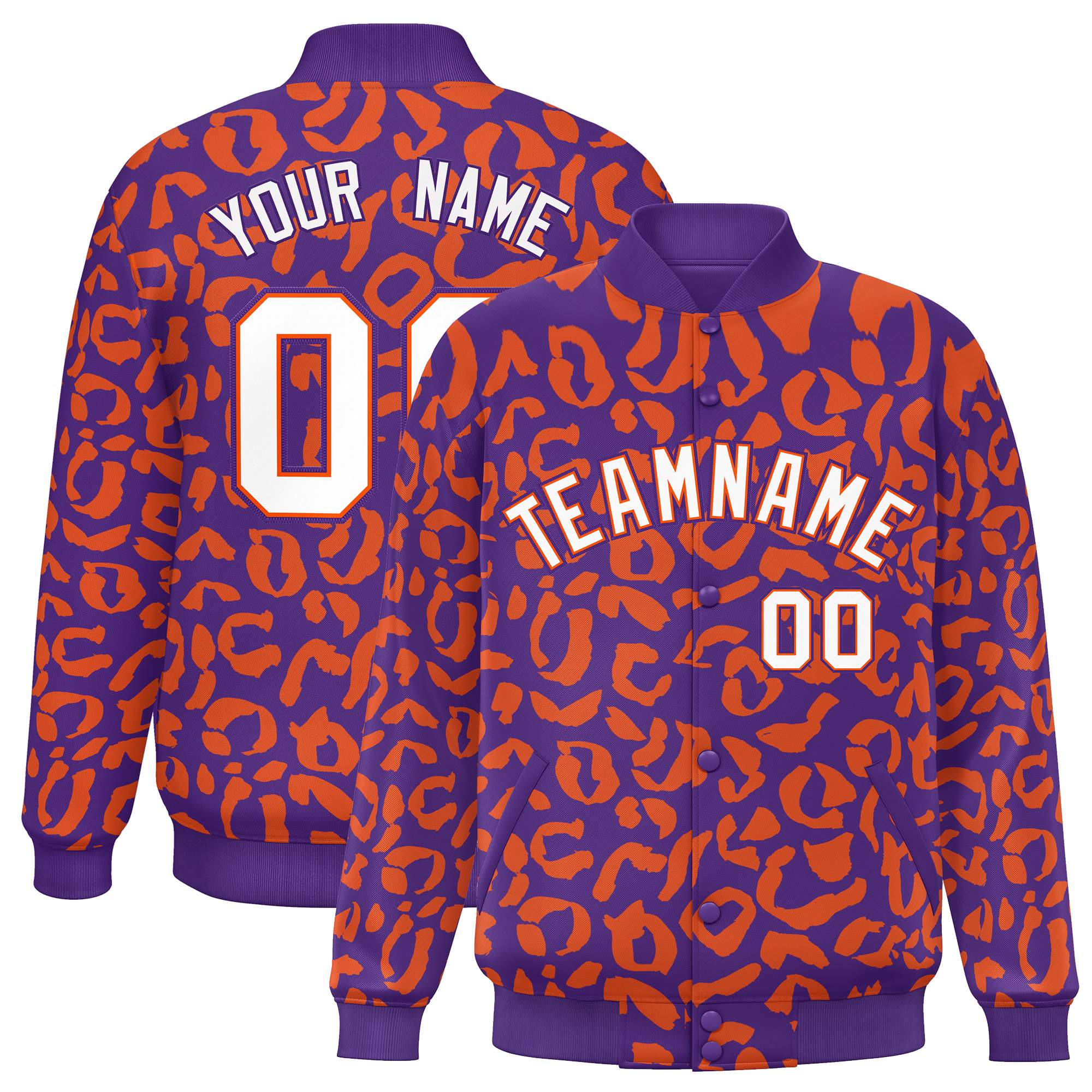 Custom Purple Orange Varsity Full-Snap Leopard Print Graffiti Pattern Letterman Baseball Jacket