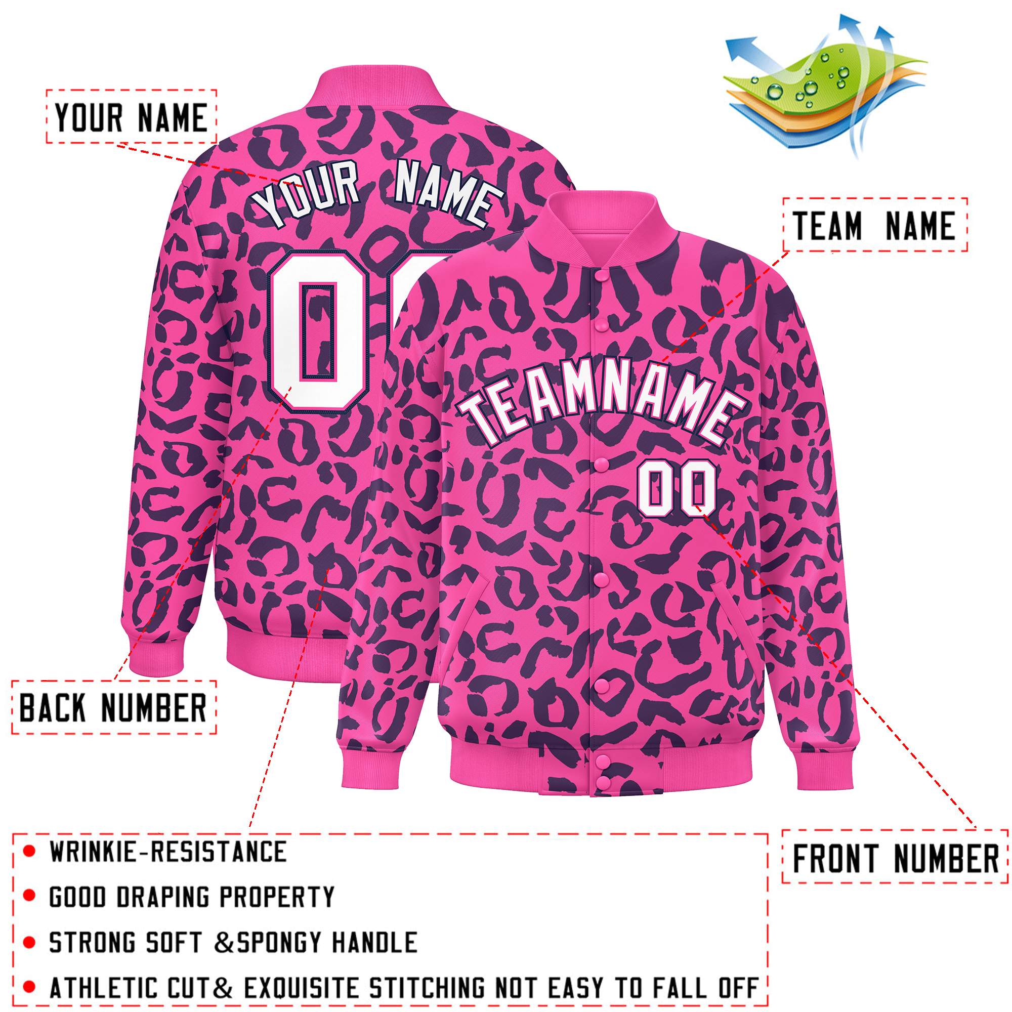 Custom Pink Navy Varsity Full-Snap Leopard Print Graffiti Pattern Letterman Baseball Jacket