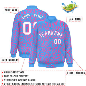 Custom Powder Blue Pink Varsity Full-Snap Leopard Print Graffiti Pattern Letterman Baseball Jacket