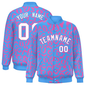 Custom Powder Blue Pink Varsity Full-Snap Leopard Print Graffiti Pattern Letterman Baseball Jacket