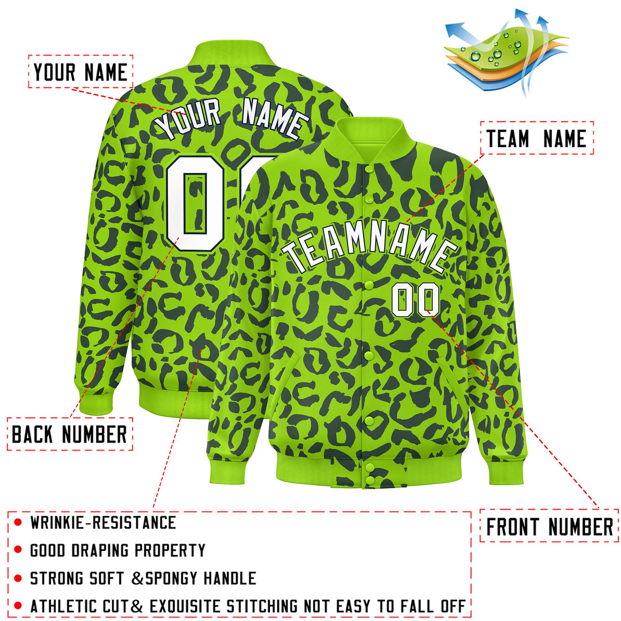 Custom Neon Green Navy Varsity Full-Snap Leopard Print Graffiti Pattern Letterman Baseball Jacket