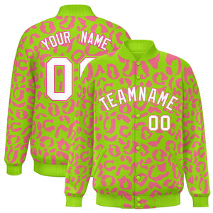 Custom Neon Green Pink Varsity Full-Snap Leopard Print Graffiti Pattern Letterman Baseball Jacket