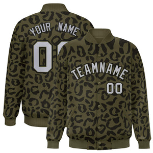 Custom Olive Black Varsity Full-Snap Leopard Print Graffiti Pattern Letterman Baseball Jacket