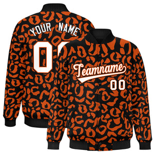 Custom Black Orange Varsity Full-Snap Leopard Print Graffiti Pattern Letterman Baseball Jacket