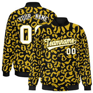 Custom Black Gold Varsity Full-Snap Leopard Print Graffiti Pattern Letterman Baseball Jacket