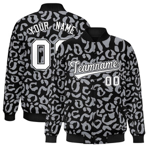 Custom Black Gray Varsity Full-Snap Leopard Print Graffiti Pattern Letterman Baseball Jacket