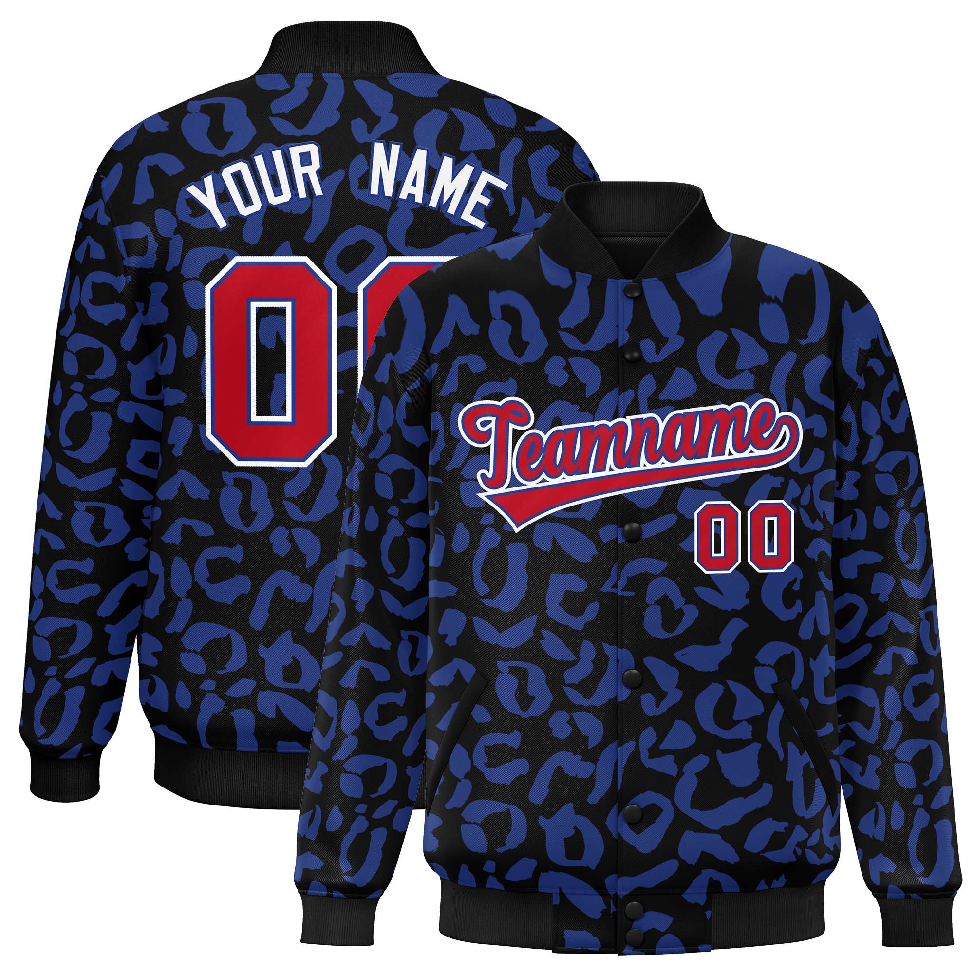 Custom Black Royal Varsity Full-Snap Leopard Print Graffiti Pattern Letterman Baseball Jacket