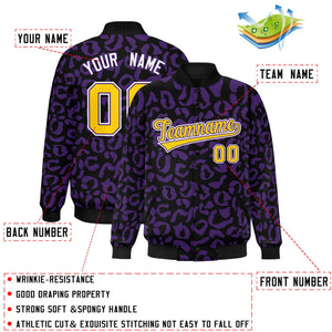 Custom Black Purple Varsity Full-Snap Leopard Print Graffiti Pattern Letterman Baseball Jacket