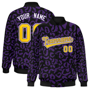 Custom Black Purple Varsity Full-Snap Leopard Print Graffiti Pattern Letterman Baseball Jacket