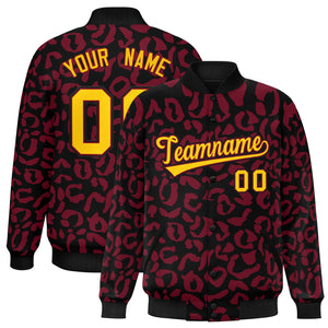 Custom Black Crimson Varsity Full-Snap Leopard Print Graffiti Pattern Letterman Baseball Jacket