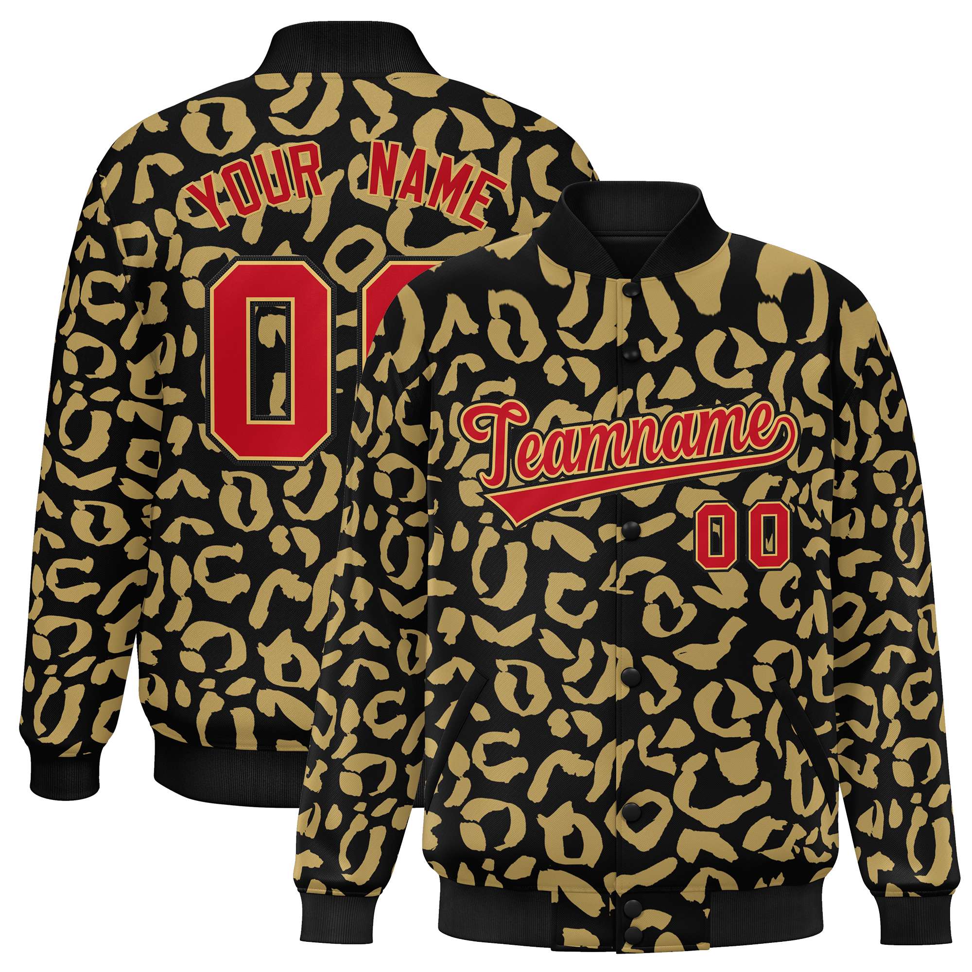 Custom Black Old Gold Varsity Full-Snap Leopard Print Graffiti Pattern Letterman Baseball Jacket