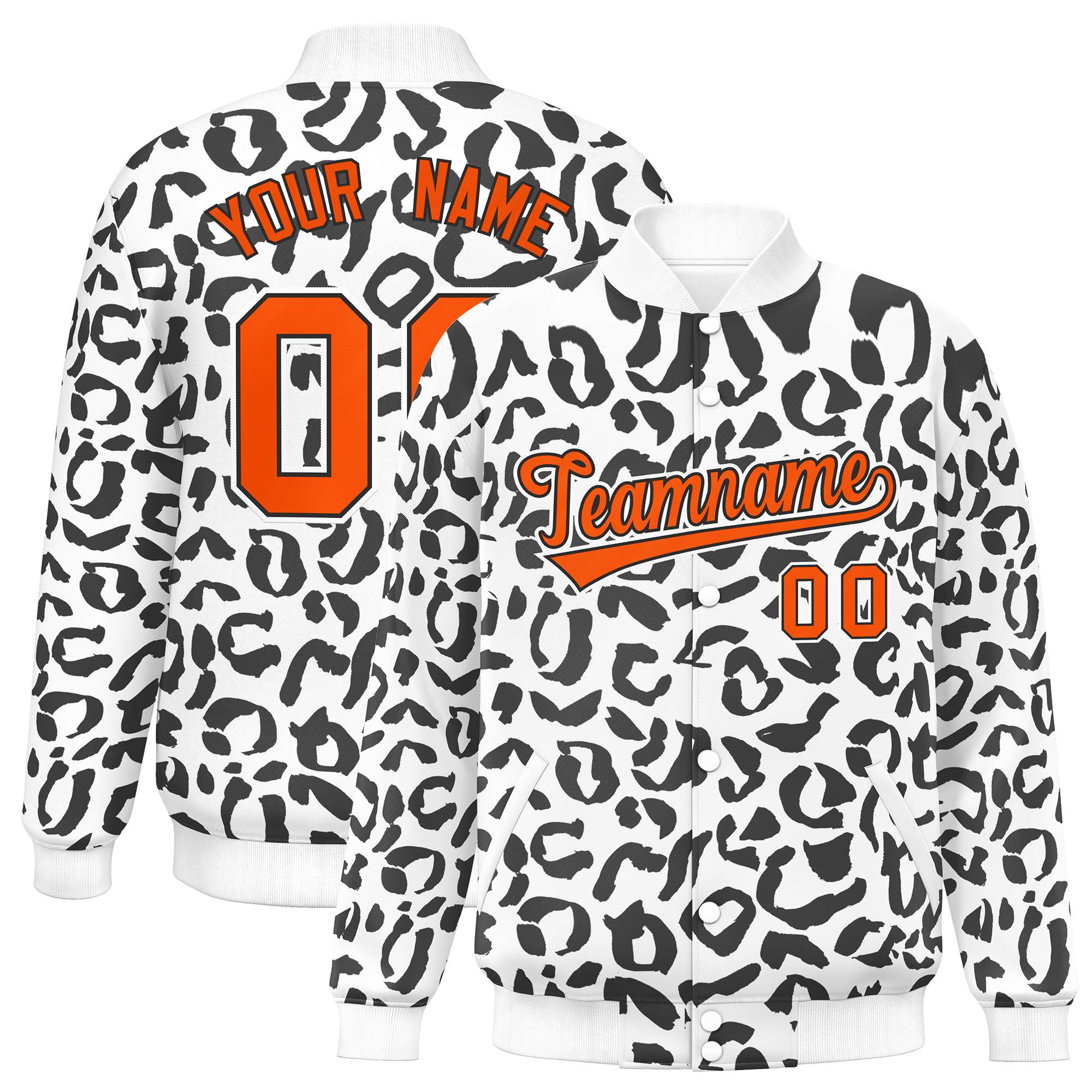 Custom White Black Varsity Full-Snap Leopard Print Graffiti Pattern Letterman Baseball Jacket