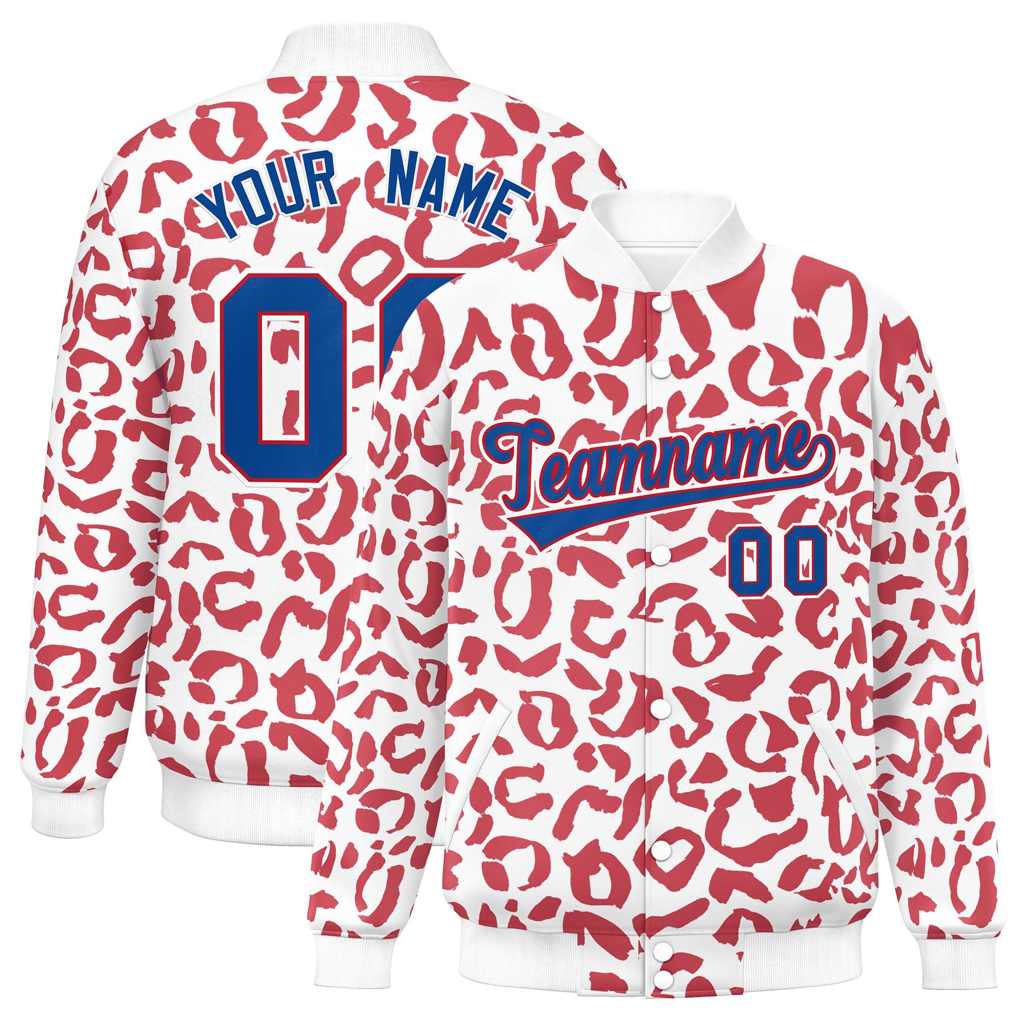 Custom White Red Varsity Full-Snap Leopard Print Graffiti Pattern Letterman Baseball Jacket