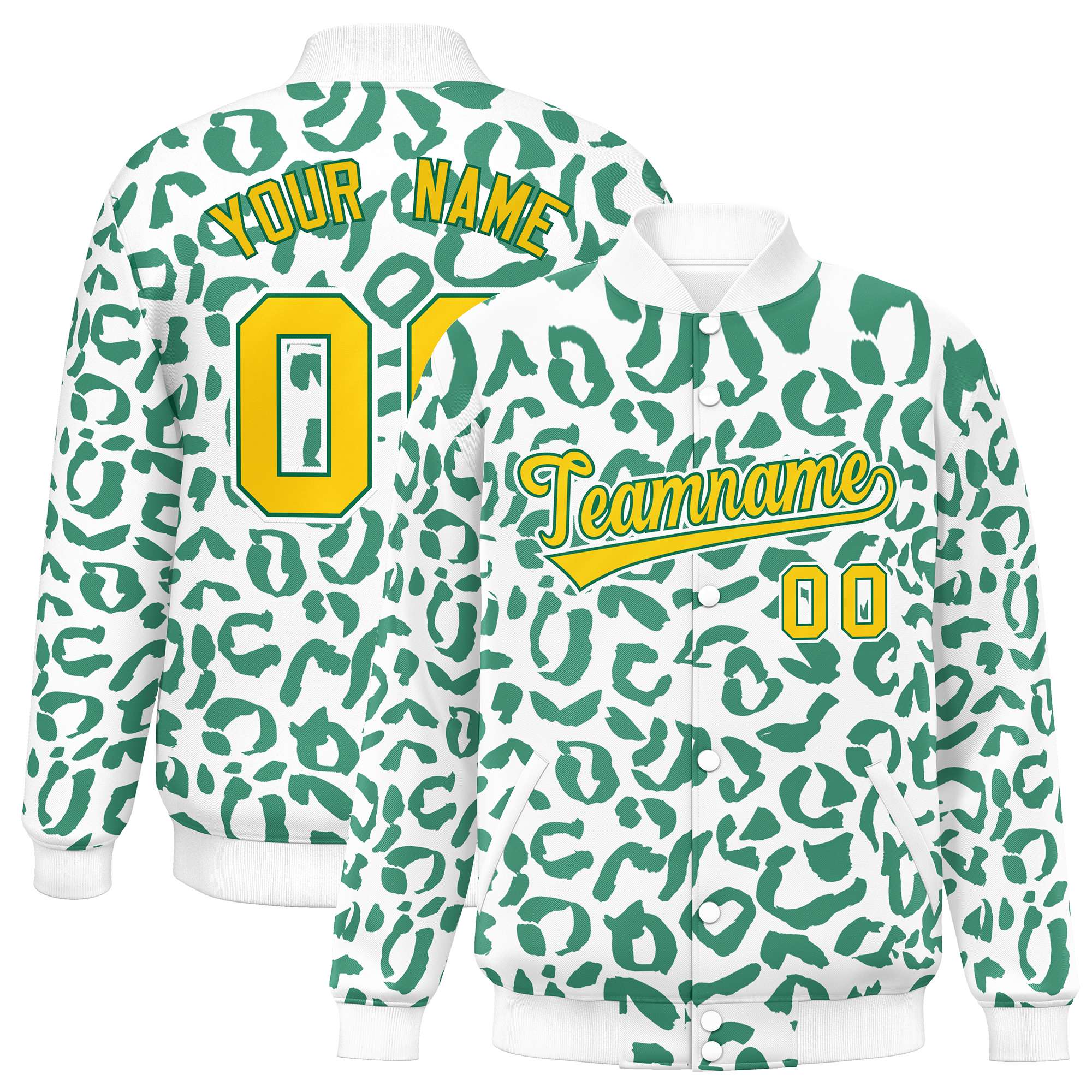 Custom White Kelly Green Varsity Full-Snap Leopard Print Graffiti Pattern Letterman Baseball Jacket