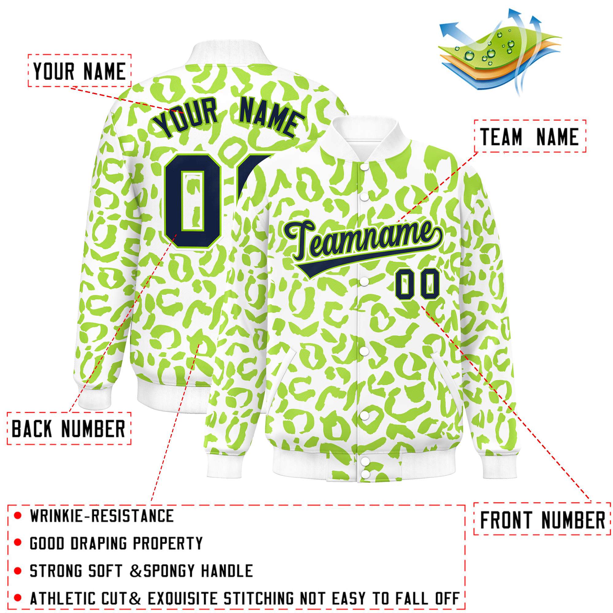 Custom White Neon Green Varsity Full-Snap Leopard Print Graffiti Pattern Letterman Baseball Jacket