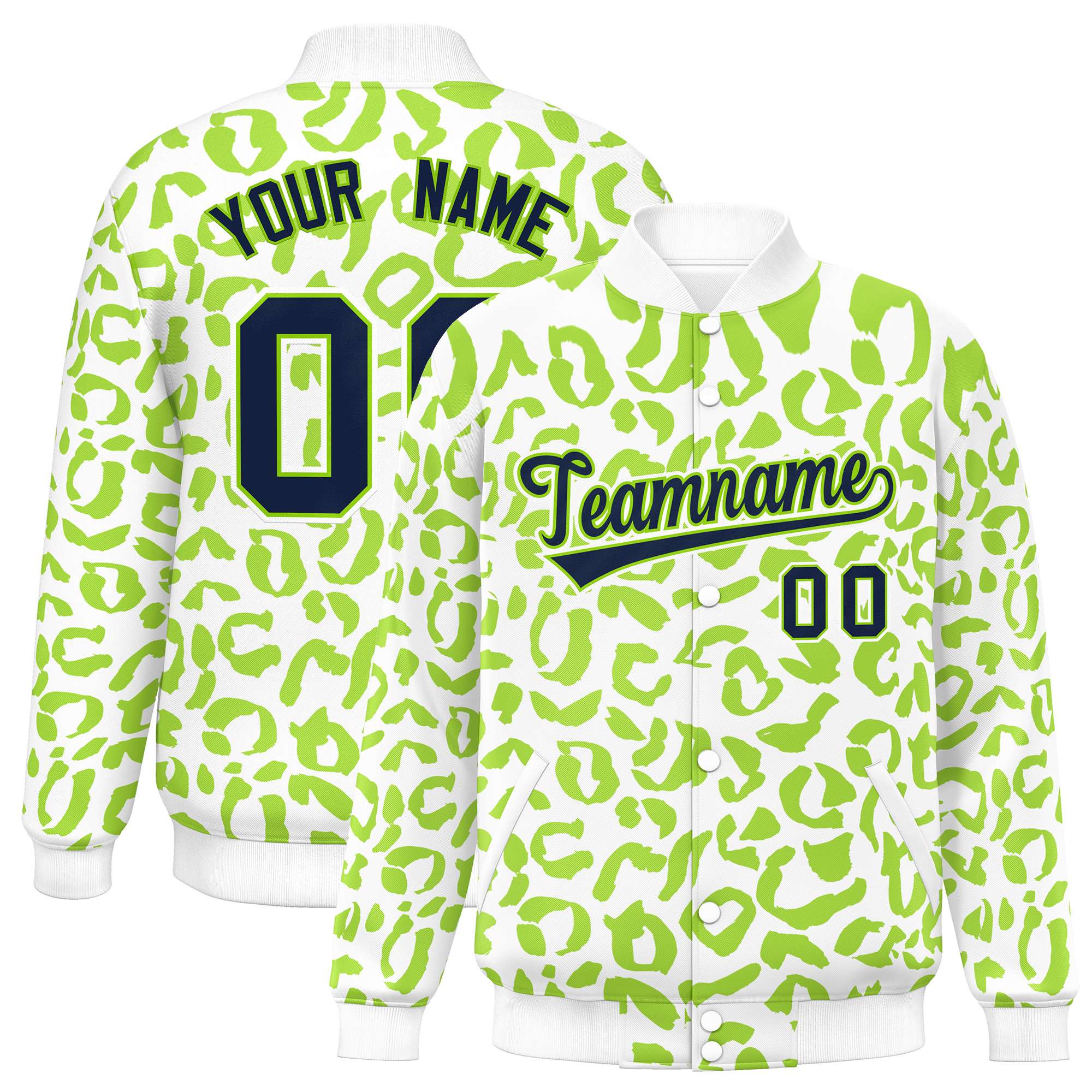 Custom White Neon Green Varsity Full-Snap Leopard Print Graffiti Pattern Letterman Baseball Jacket