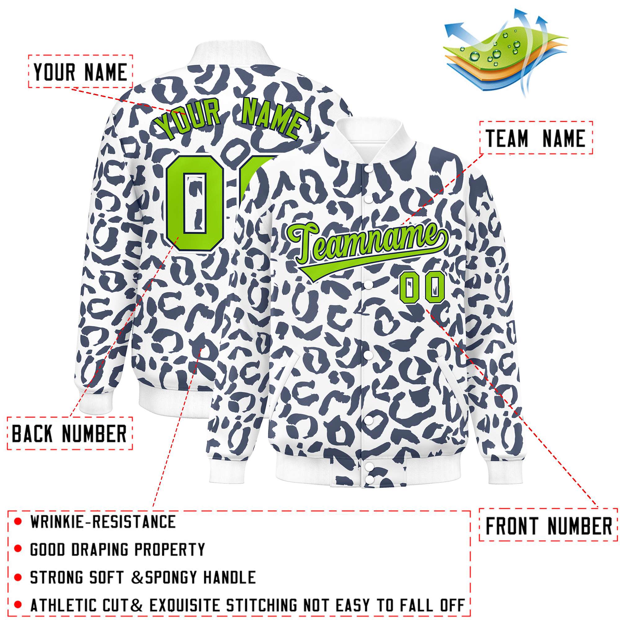 Custom White Navy Varsity Full-Snap Leopard Print Graffiti Pattern Letterman Baseball Jacket