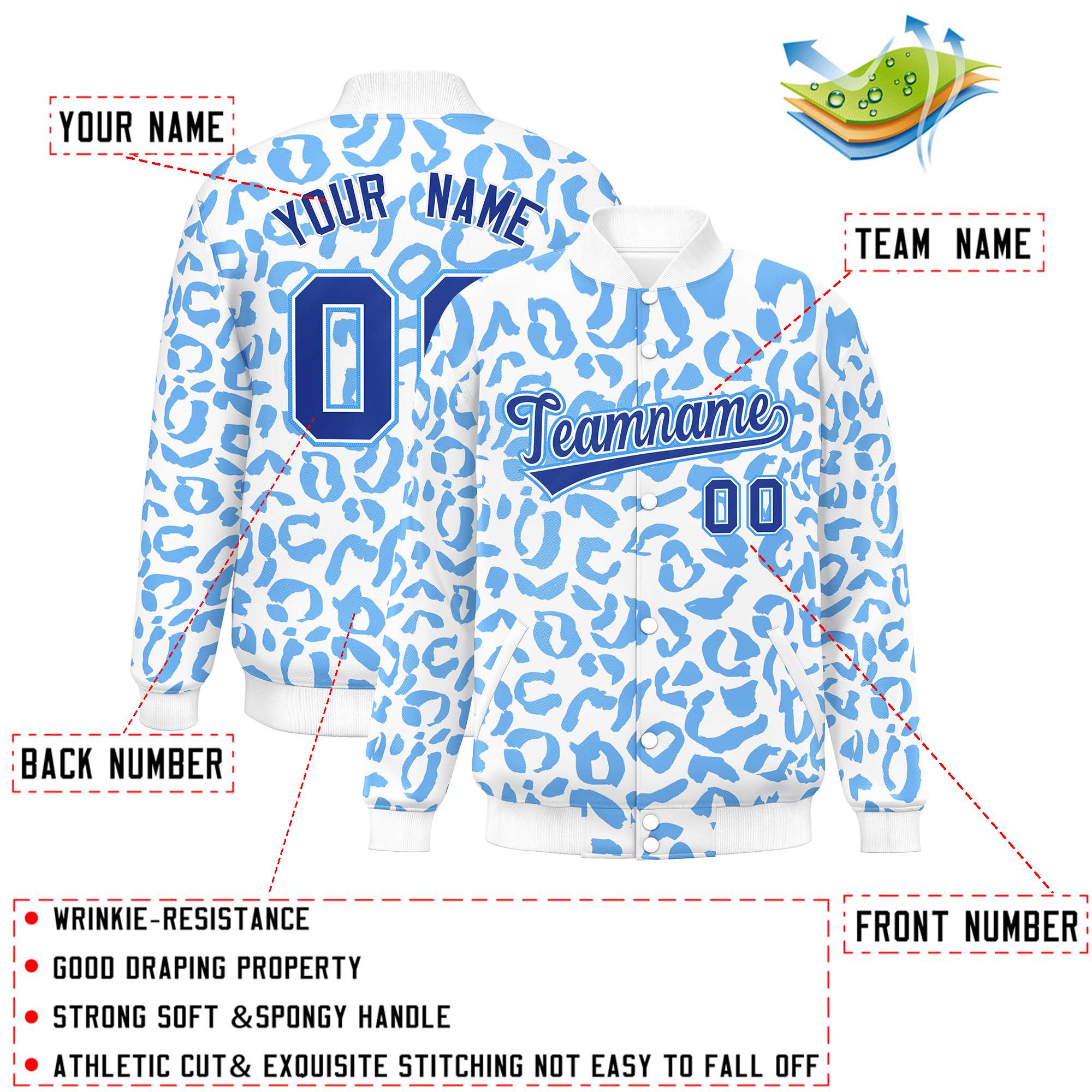 Custom White Powder Blue Varsity Full-Snap Leopard Print Graffiti Pattern Letterman Baseball Jacket