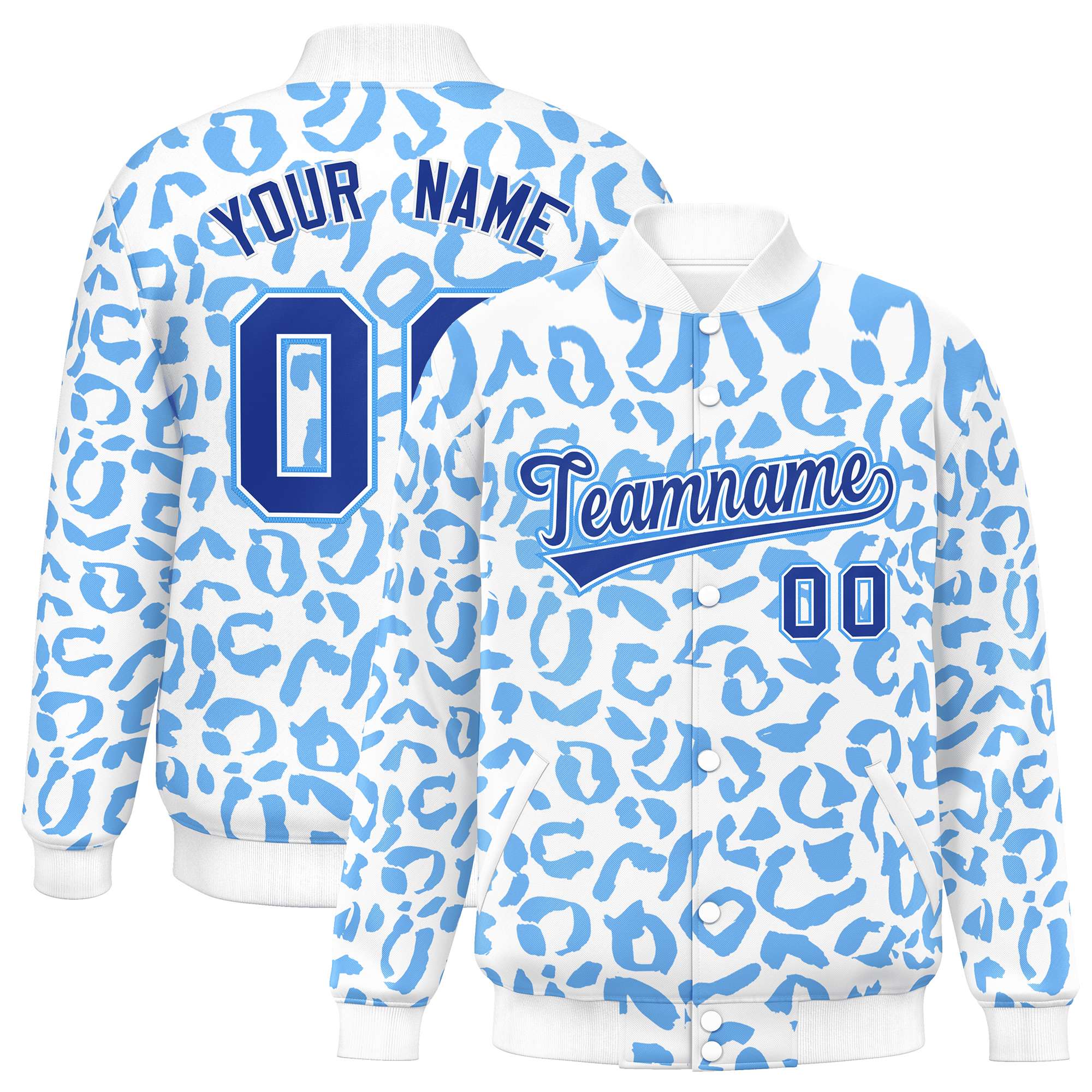 Custom White Powder Blue Varsity Full-Snap Leopard Print Graffiti Pattern Letterman Baseball Jacket