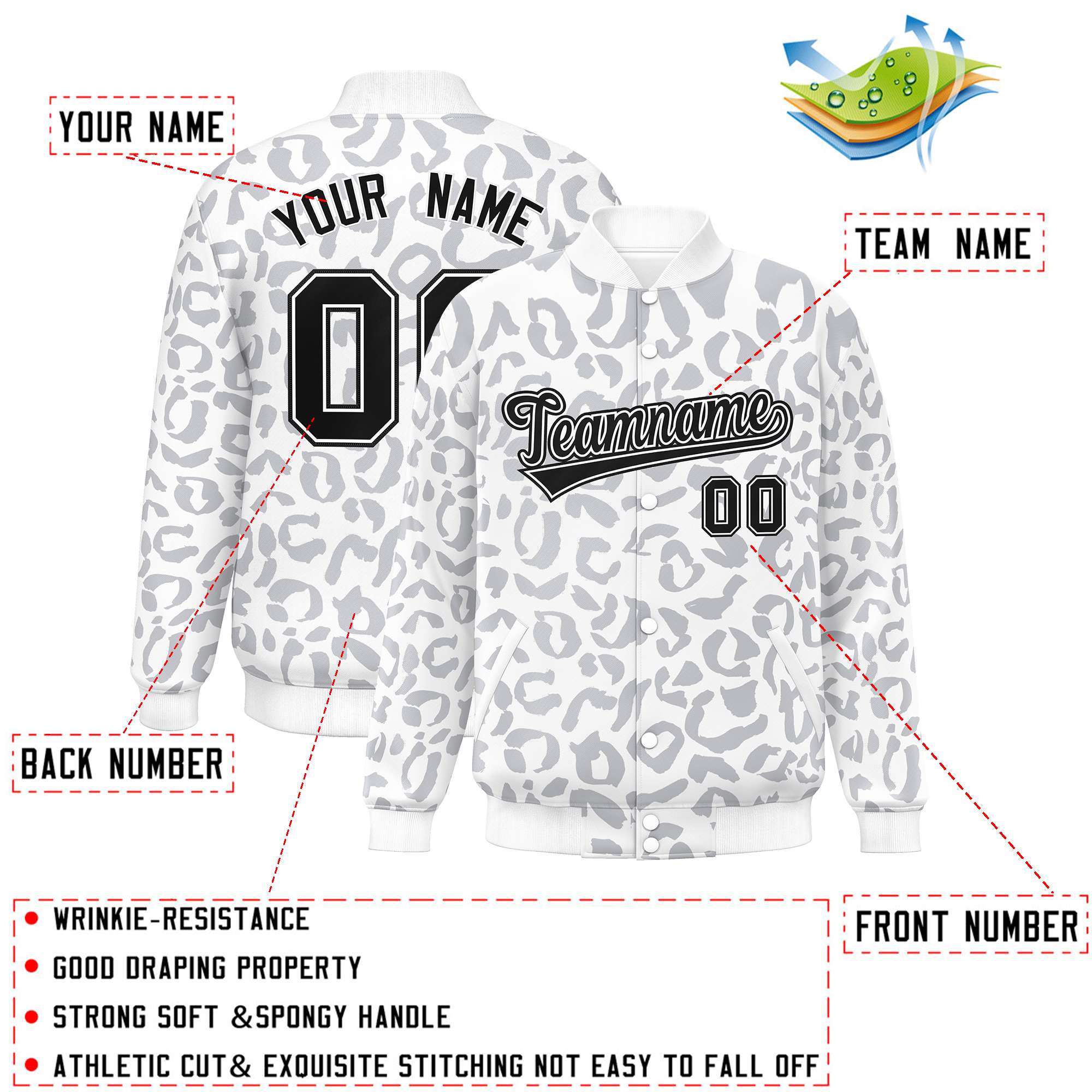 Custom White Gray Varsity Full-Snap Leopard Print Graffiti Pattern Letterman Baseball Jacket