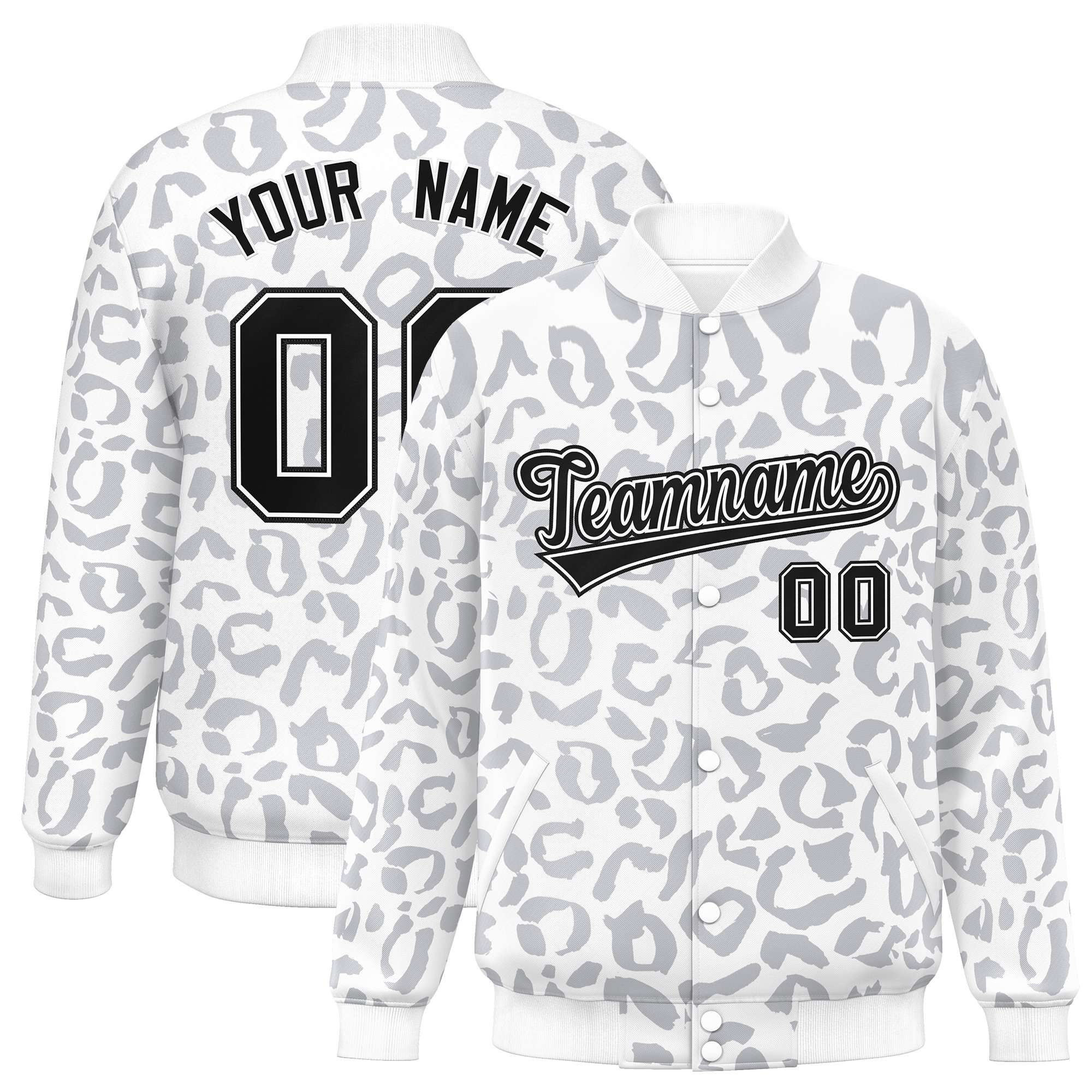 Custom White Gray Varsity Full-Snap Leopard Print Graffiti Pattern Letterman Baseball Jacket