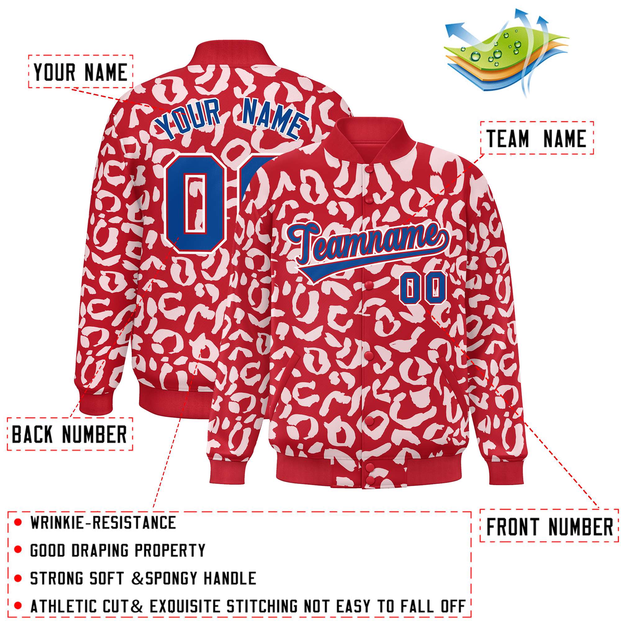 Custom Red White Varsity Full-Snap Leopard Print Graffiti Pattern Letterman Baseball Jacket