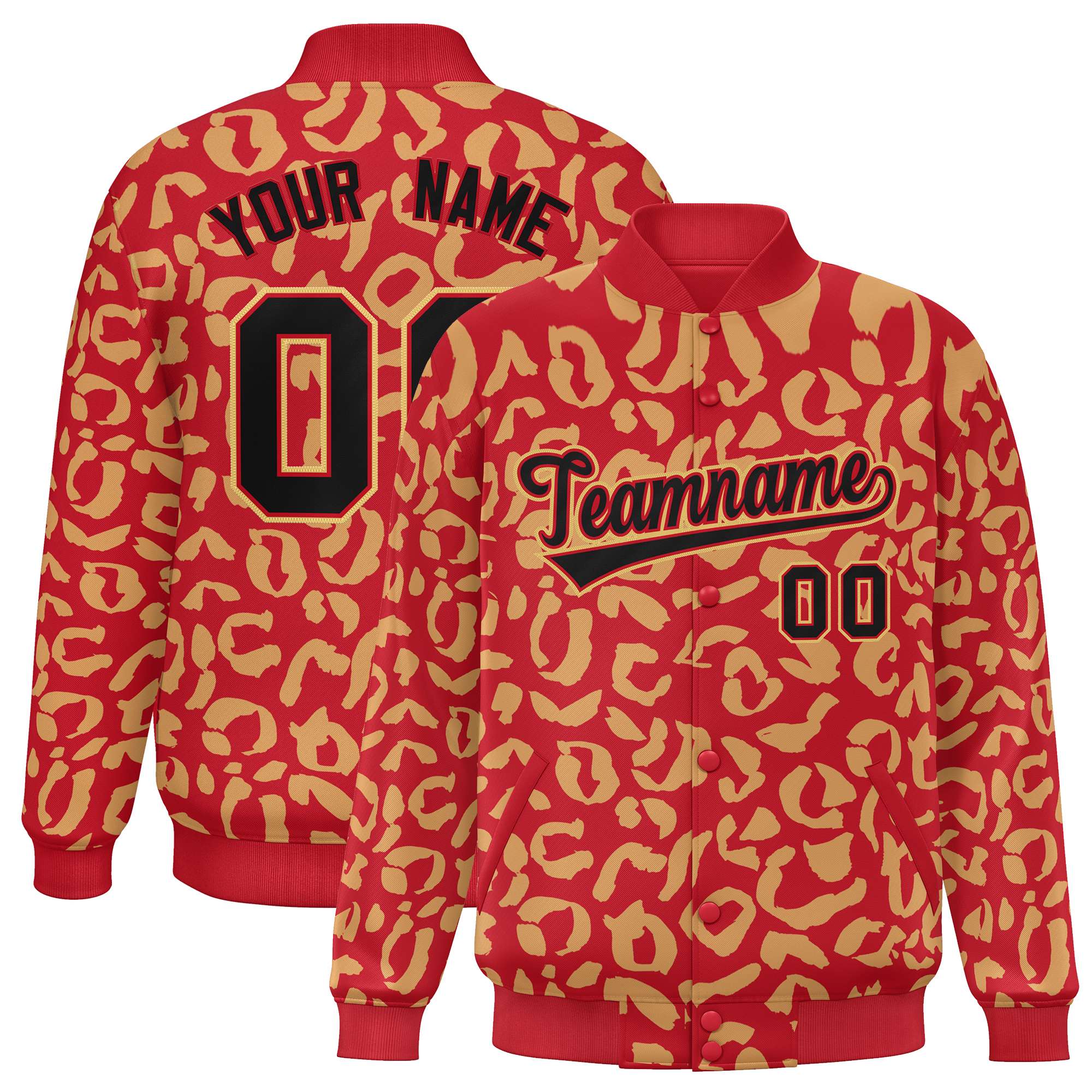 Custom Red Old Gold Varsity Full-Snap Leopard Print Graffiti Pattern Letterman Baseball Jacket