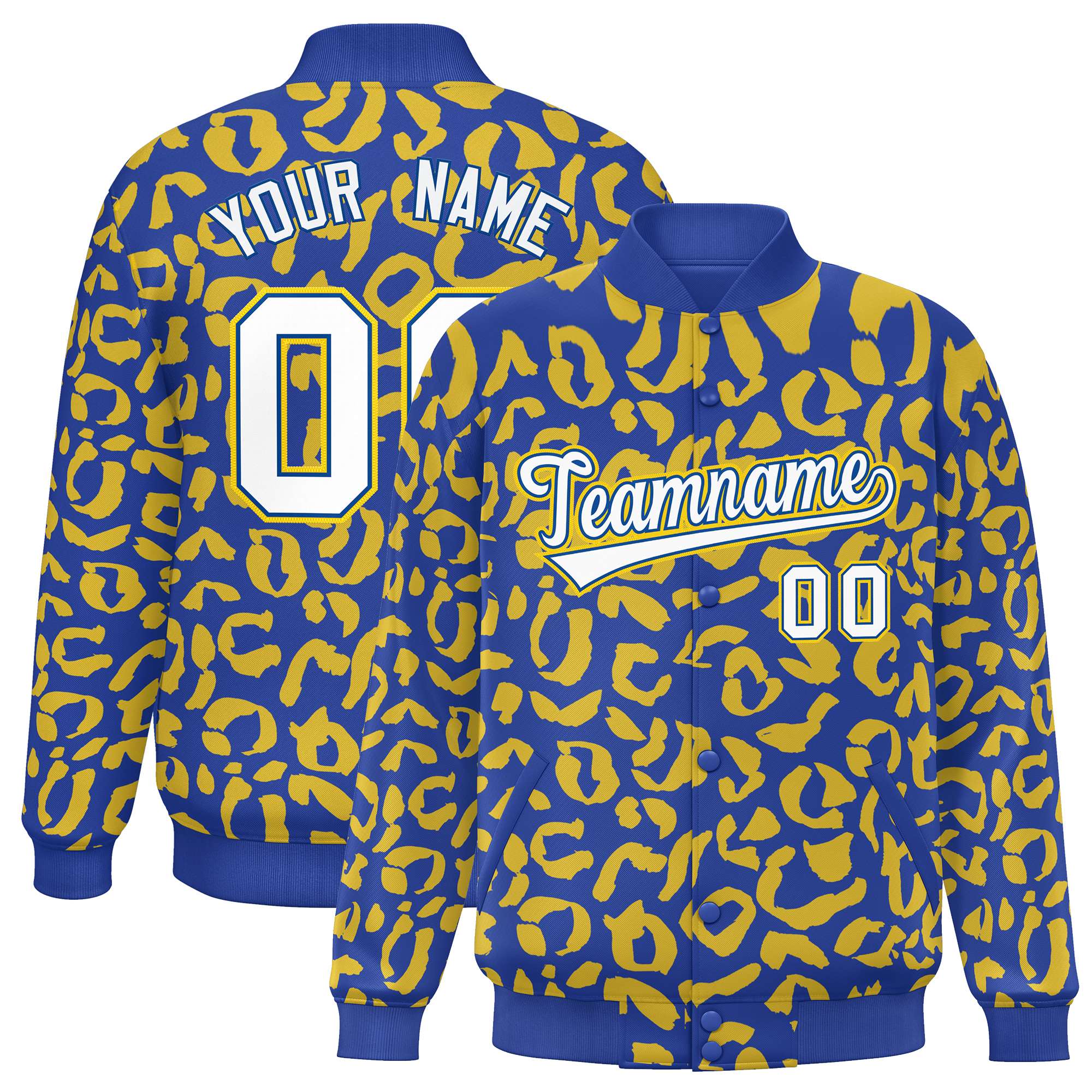 Custom Royal Gold Varsity Full-Snap Leopard Print Graffiti Pattern Letterman Baseball Jacket