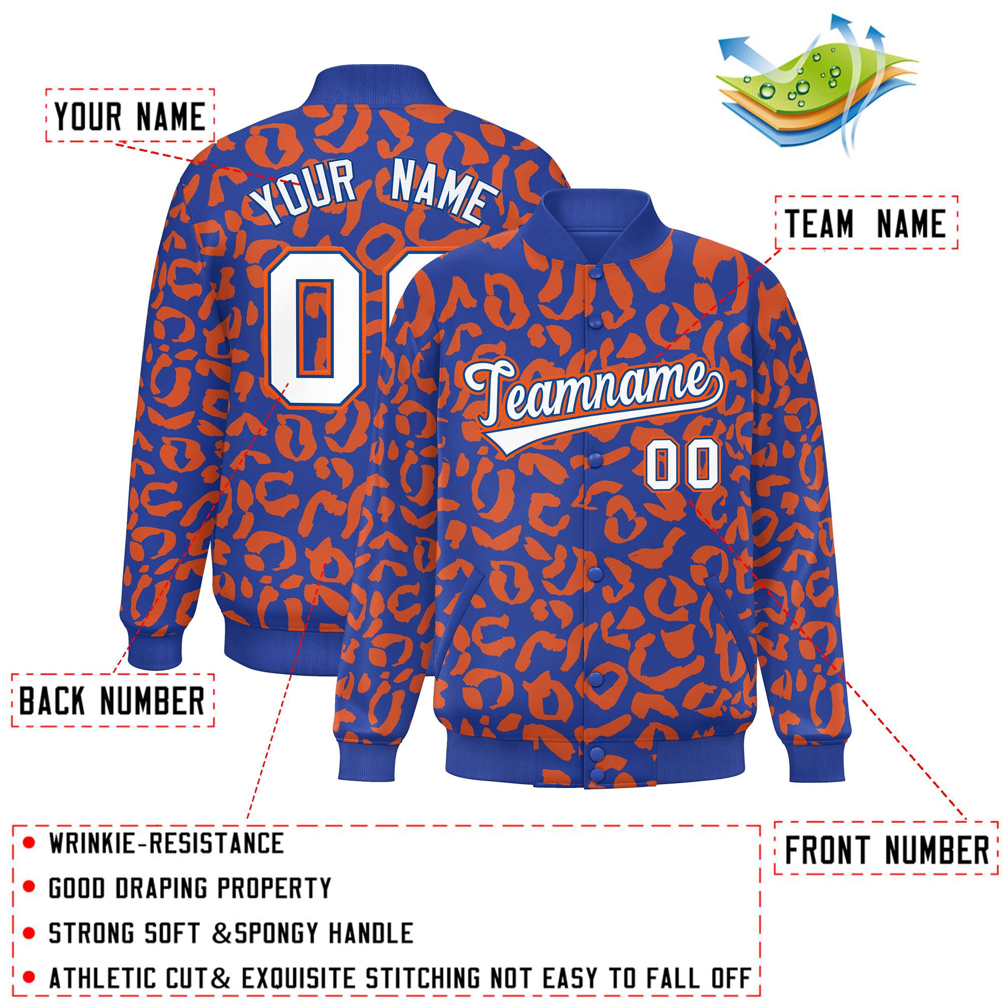 Custom Royal Orange Varsity Full-Snap Leopard Print Graffiti Pattern Letterman Baseball Jacket