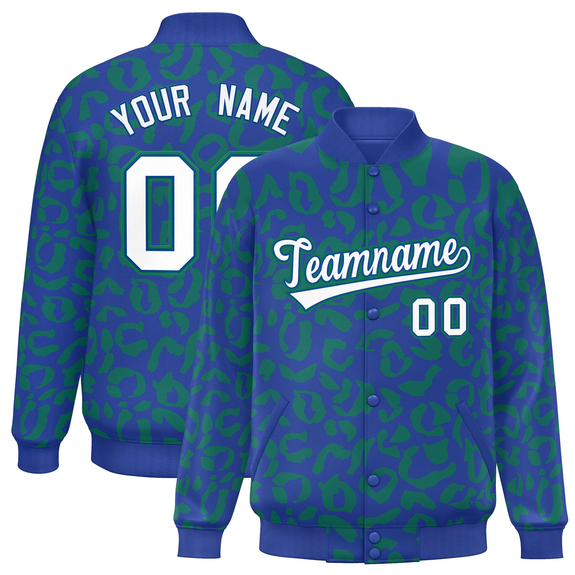 Custom Royal Kelly Green Varsity Full-Snap Leopard Print Graffiti Pattern Letterman Baseball Jacket