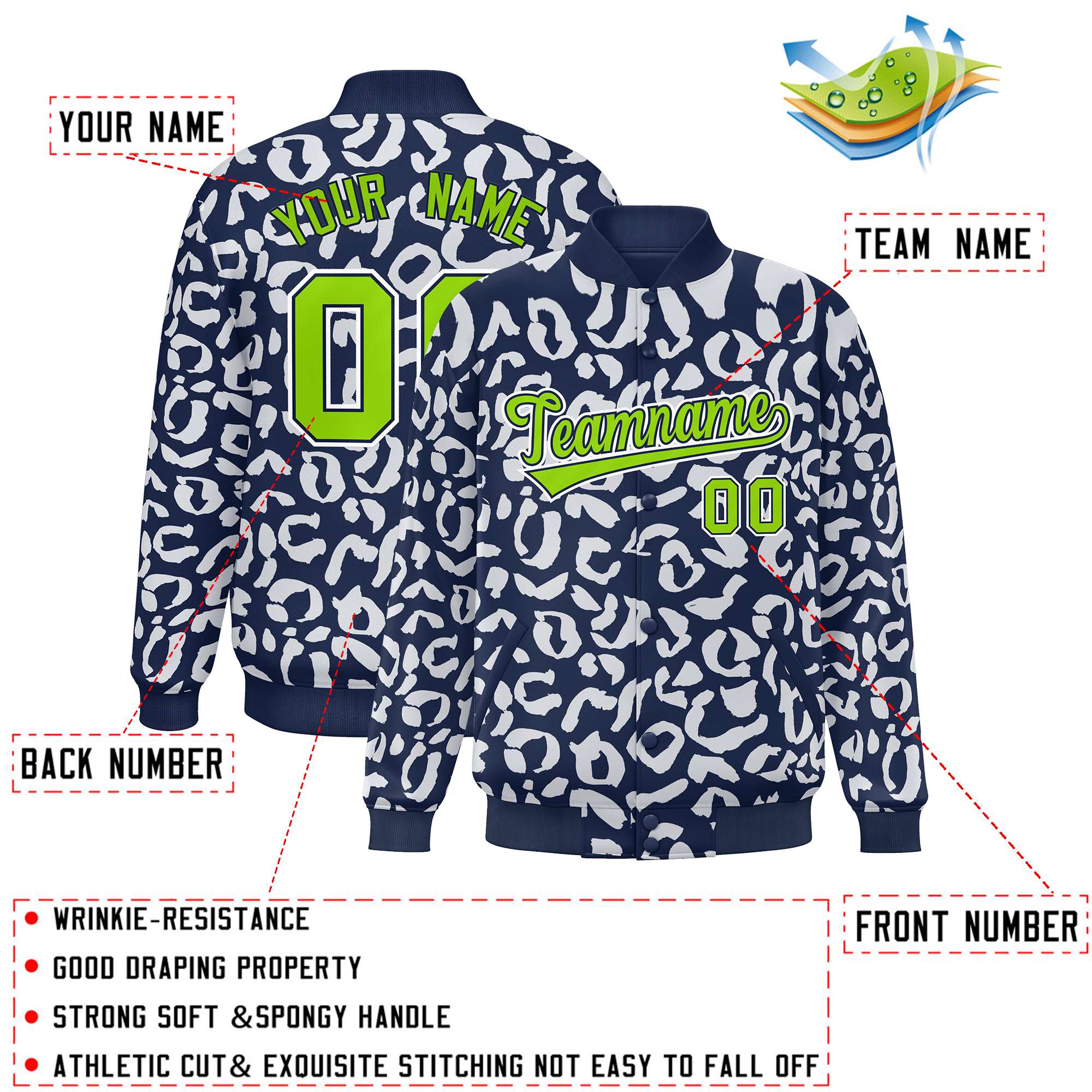 Custom Navy White Varsity Full-Snap Leopard Print Graffiti Pattern Letterman Baseball Jacket